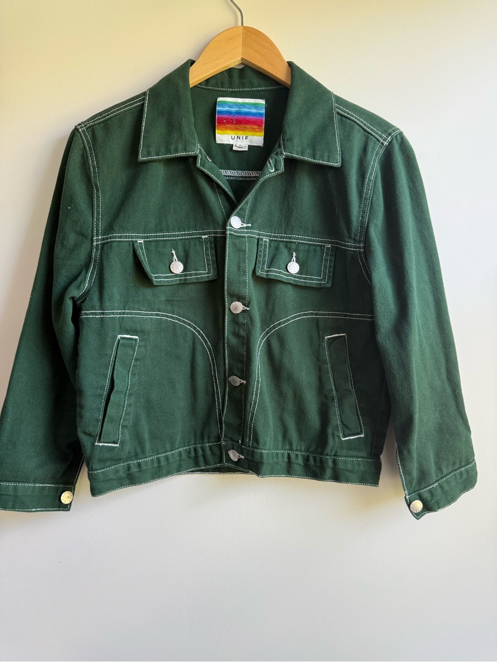 UNIF Forest Green Denim Trucker Jacket with White Stitching